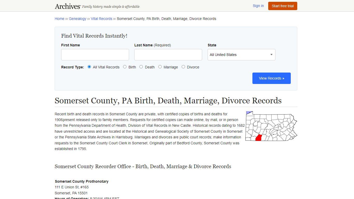 Somerset County, PA Birth, Death, Marriage, Divorce Records - Archives.com