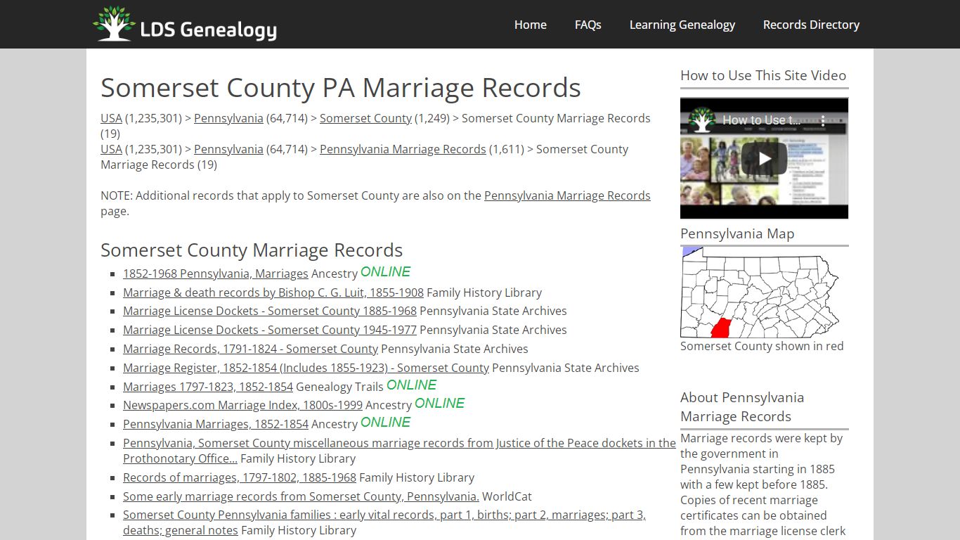 Somerset County PA Marriage Records - LDS Genealogy